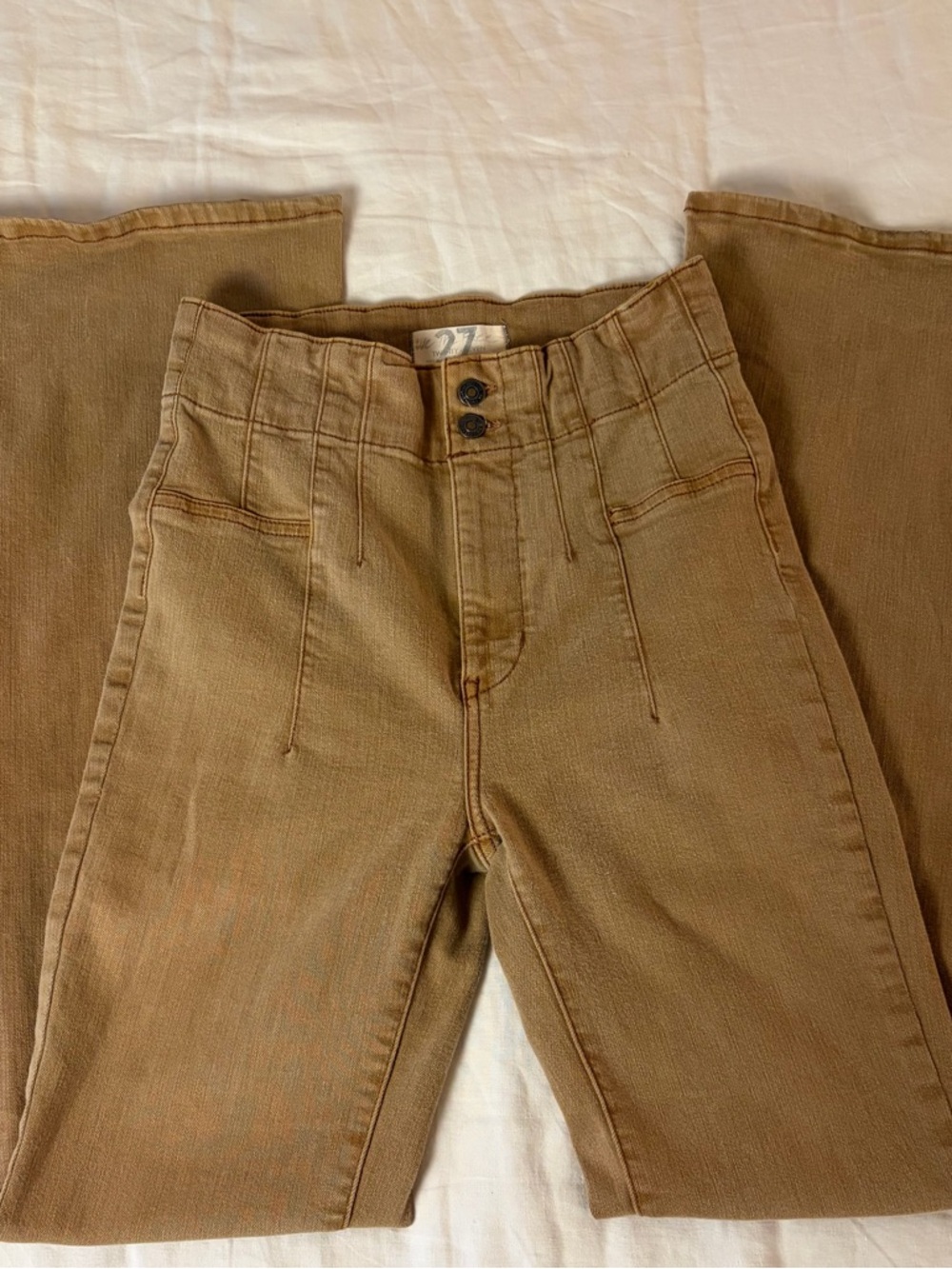 Free People We The Free Jayde Flare Jeans Tan Khaki High Rise Sz 27 Boho 70s